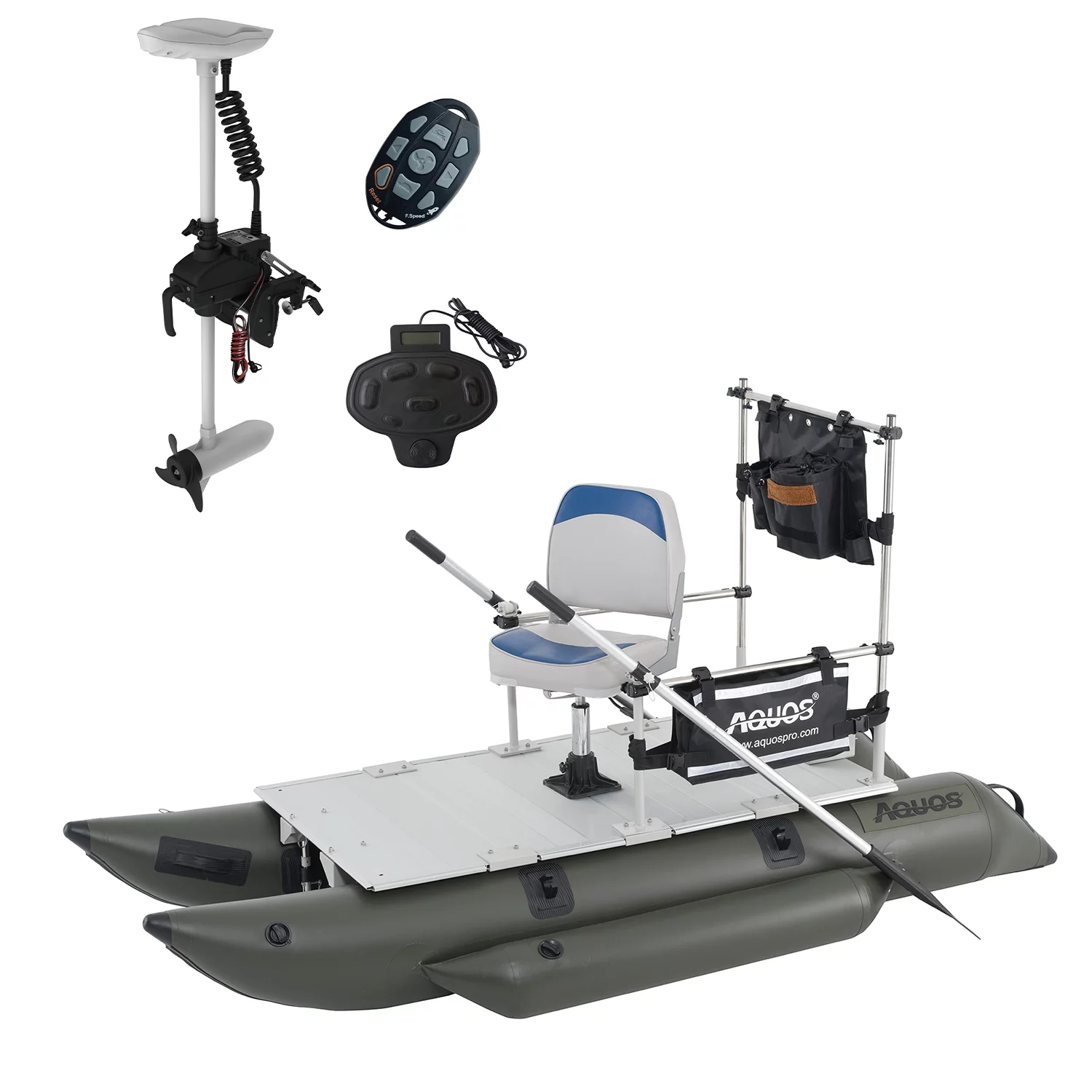 AQUOS 8.8ft Inflatable Pontoon Boat with Haswing White 12V 55LBS Remote Trolling Motor and Foot Control