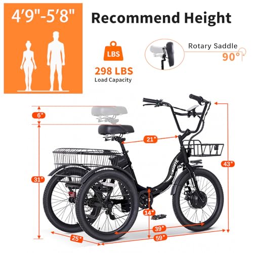 Electric Tricycle 20" 3 Wheels Electric Trike for Adults Women Men | Folding, Electric Bicycle Bikes, 350W, Step-Thru, Etrike, 374WH, Removable Battery, Large Basket