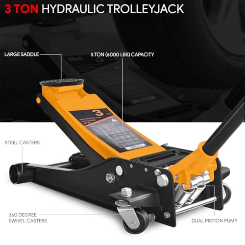 DNA MOTORING Floor Jack 3 Ton (6000 lbs) Capacity, Fast Lift Service Jack Low Profile Steel Heavy Duty Hydraulic Car Jack, Lifting Range 3"-20", Black, TOOLS-00475-BK