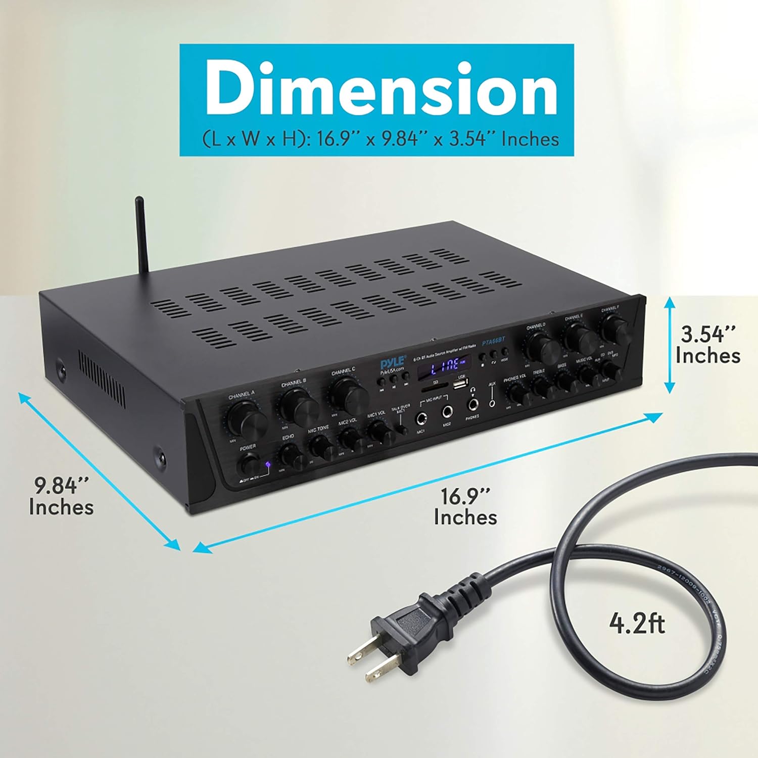Wireless Home Audio Amplifier System-Bluetooth Compatible Sound Stereo Receiver Amp - 6 Channel 600Watt Power, Digital LCD, Headphone Jack, 1/4'' Microphone in USB SD AUX RCA FM Radio-Pyle PTA66BT.5