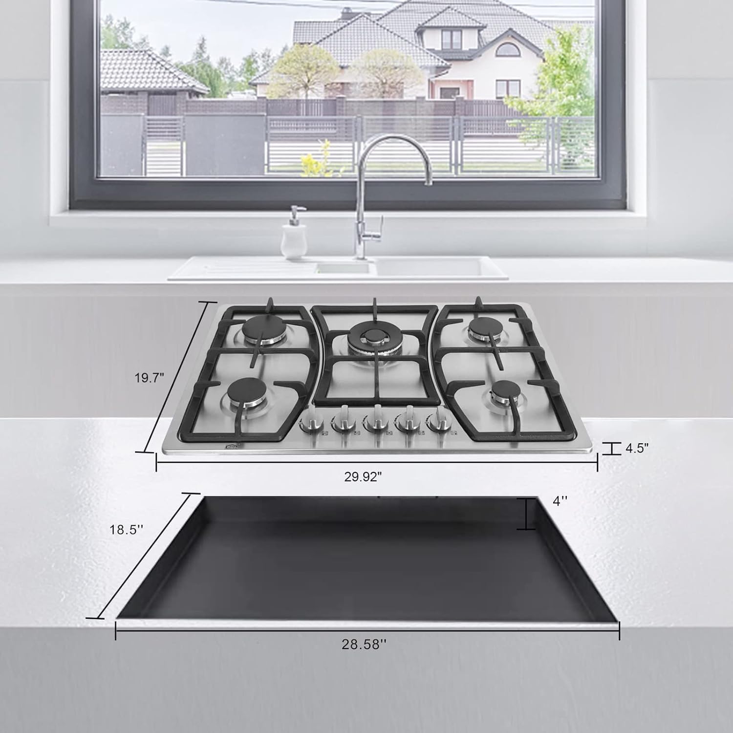 30 Inch Gas Cooktop 5 Burners Gas Stove Gas Hob Stovetop Stainless Steel Cooktop Cast Iron Grates, Silver (30x 19.7x 4.5 inches)