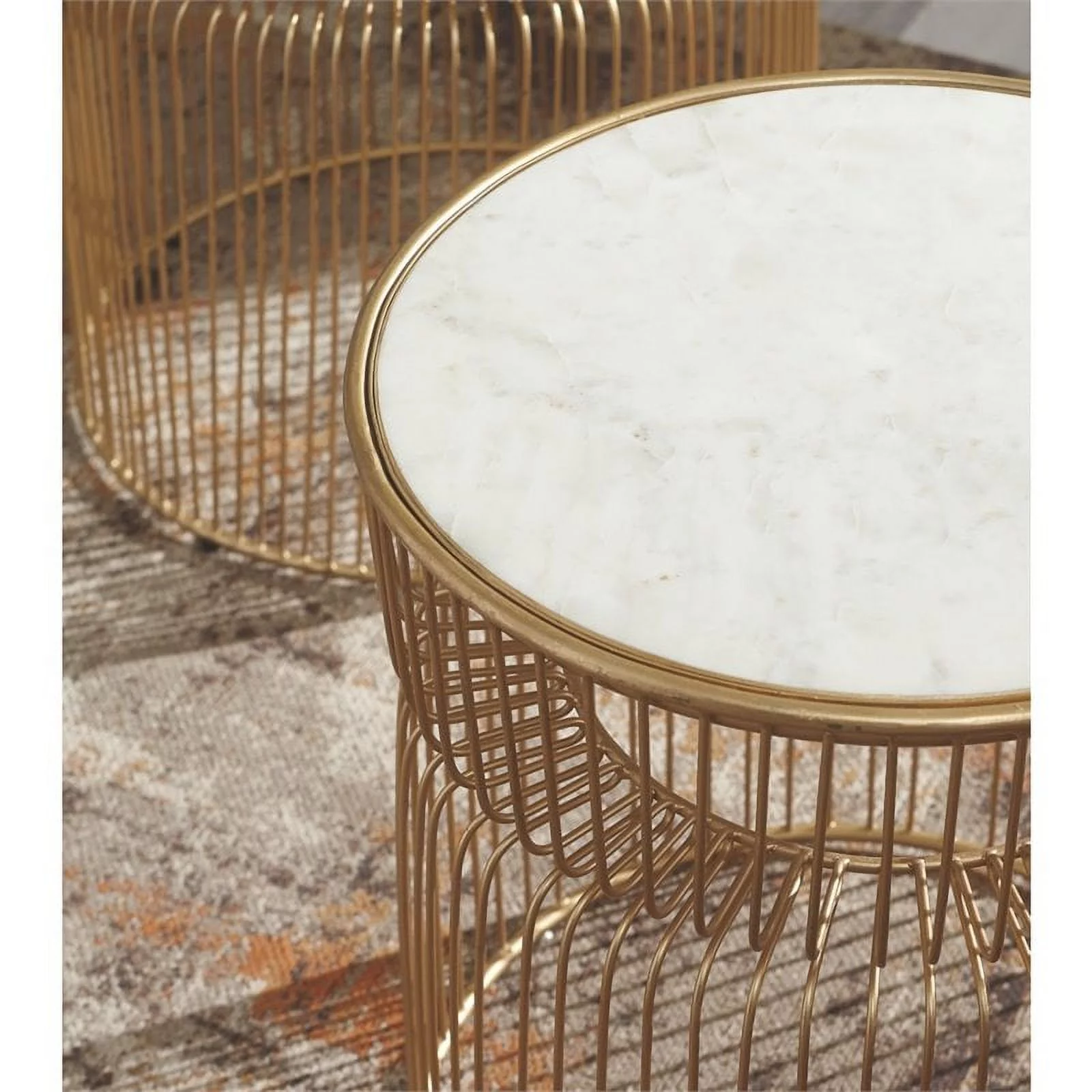Bowery Hill Contemporary Marble 2 Piece Accent Table Set in White and Gold