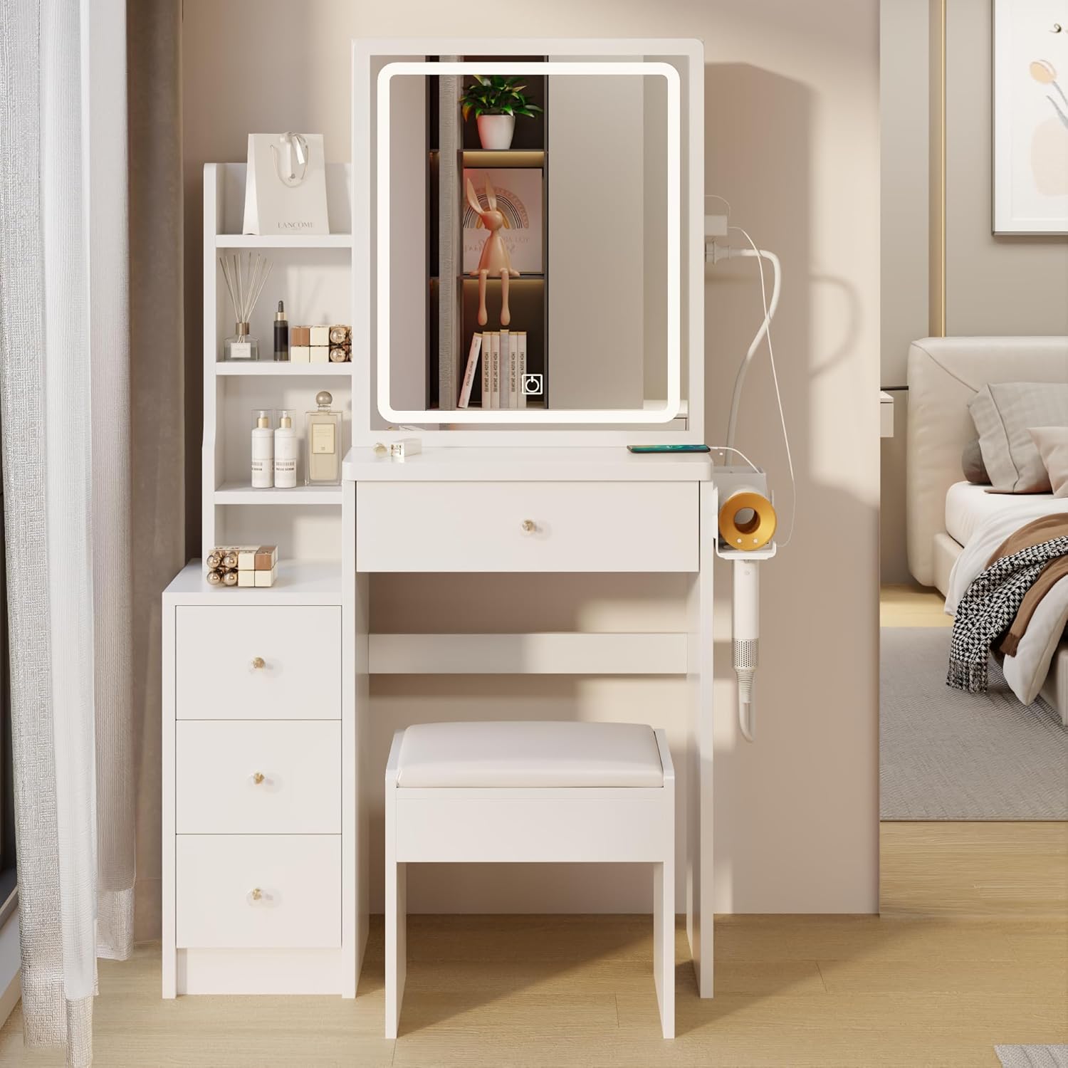 Makeup Vanity Desk with LED Mirror, Vanity Table with Charging Station (2 AC + 2 USB Socket), Small Vanity Dressing Table with Drawers & Dresser, Makeup Desk with Cushioned Stool for Bedroom