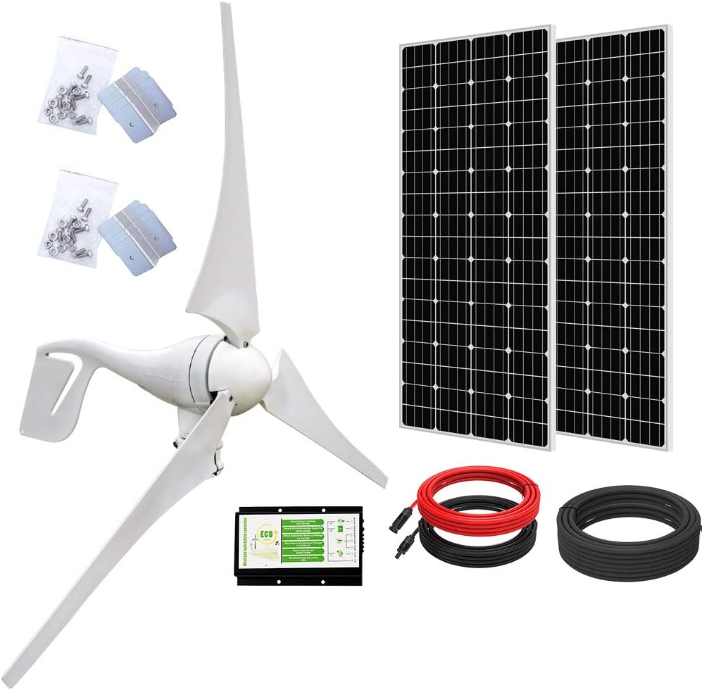 ECO-WORTHY 800W Solar Wind Power Kit: 1x 400W Wind Turbine Generator with Hybrid Controller + 2X 195W Mono Solar Panel for Home/RV/Boat/Farm/Street Light and Off-Grid Appliances