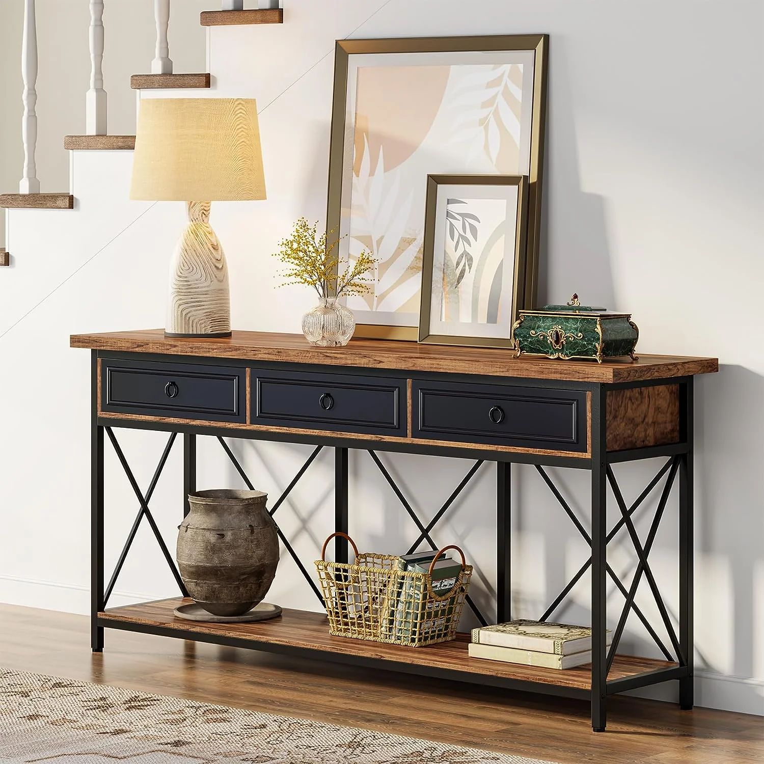 Tribesigns 70.8" Console Table with 3 Drawers, Farmhouse Entryway Table with Storage Shelf for Entryway, Hallway (Brown/Black) - Curated Treasures Market