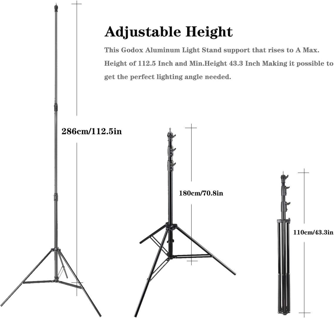 Godox Heavy Duty Aluminum Photography Light Tripod Stand for Studio Photography Lighting, Backgrounds, Monolights, Strobe Flash - 286CM, 112 Inches Pack of 2