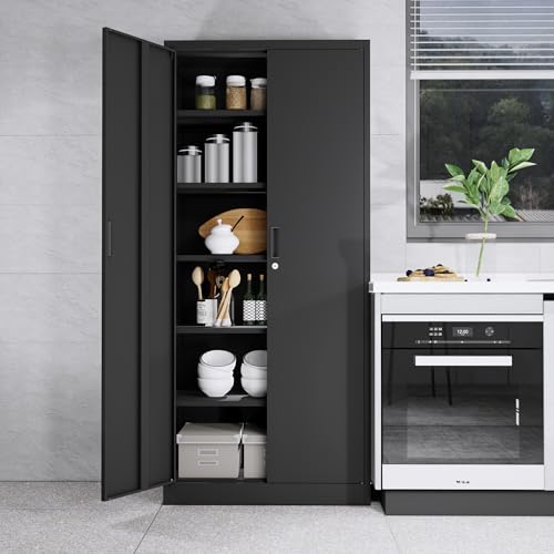 Metal Storage Cabinet, 71" H Locking Cabinet with 5 Adjustable Shelves for Garage, Classroom, School, Home, Office, Pantry-Black