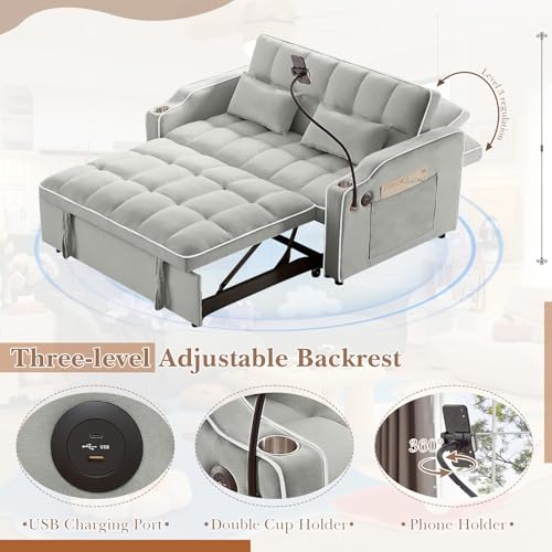 Convertible Sleeper Sofa Bed, 3 in 1 Velvet Pull Out Loveseat Couch Modern Comfy Futon Sofa with Adjustable Backrest & Phone Holder & USB Charging Space Saving for Living Room, Small Apartment, Grey