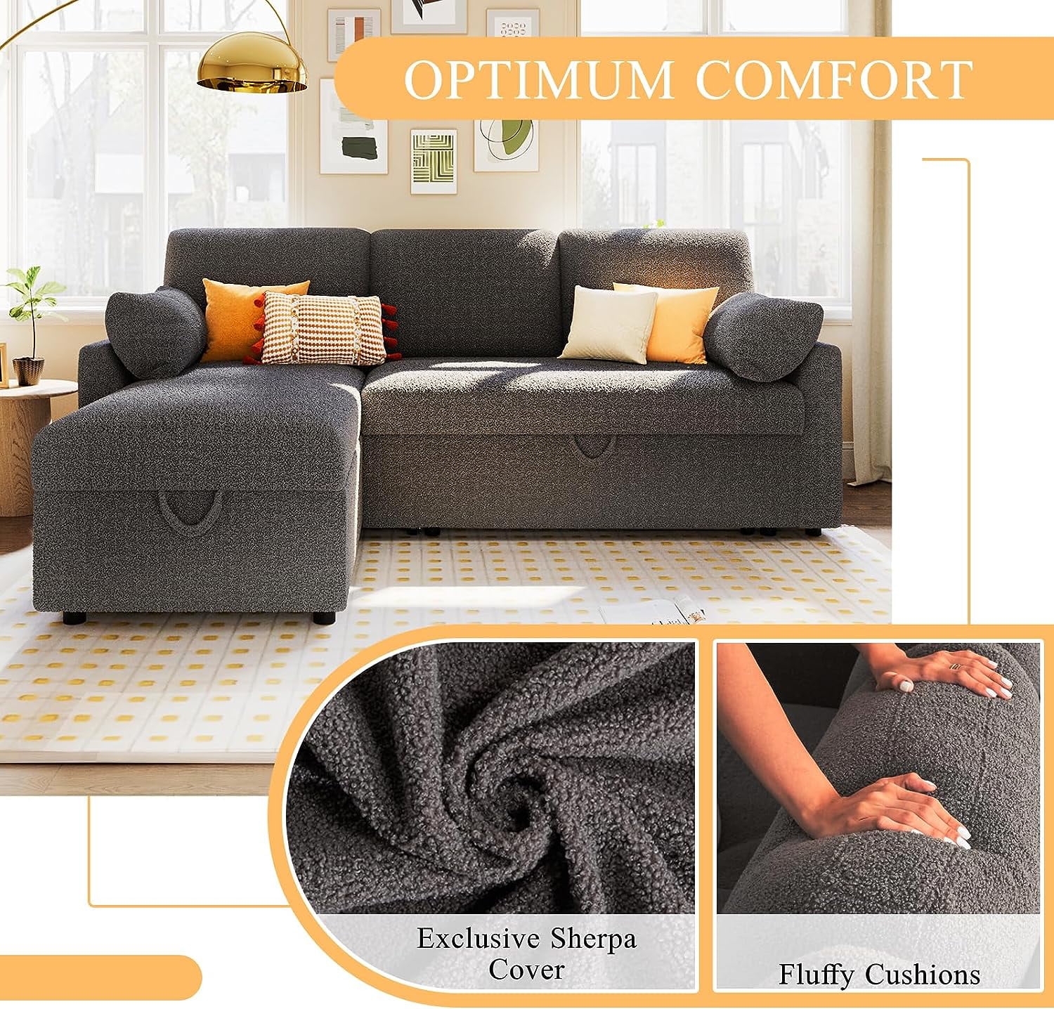 Papajet Sofa Bed, Sleeper Sofa with Storage Chaise, Pull Out Couch for Living Room- Gray Chenille