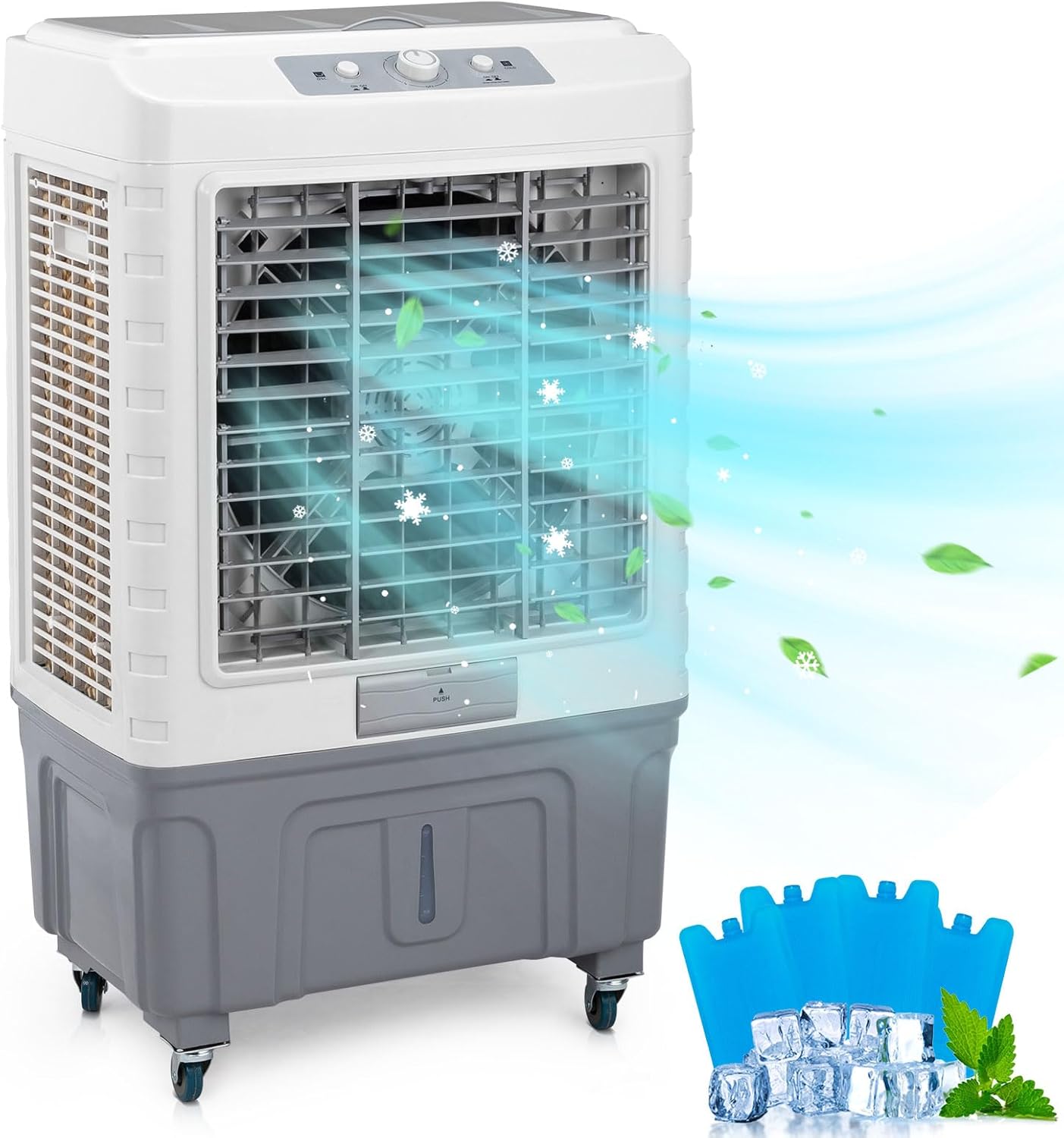 3 in 1 Portable Evaporative Cooler,Indoor,Outdoor,4118CFM Personal Air Cooler,Mechanical control,13.2 Gal Large Water Tank & Scroll Casters, 4 Ice Packs,White and gay