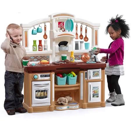 Step2 Fun with Friends Kitchen | Large Plastic Play Kitchen with Realistic Lights u0026 Sounds | Brown Kids Kitchen Playset u002