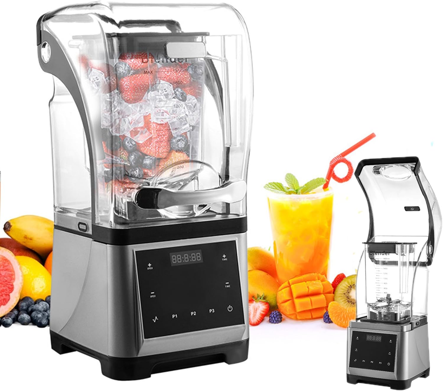 1.8L 2200W Blenders For Kitchen,Commercial Blender With Sound Shield Household High Speed Quiet Blender,Ice Mixer Blender For Make Smoothies,Juice,Soy Milk,Black And Silver Blender