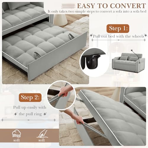 Convertible Sleeper Sofa Bed, 3 in 1 Velvet Pull Out Loveseat Couch Modern Comfy Futon Sofa with Adjustable Backrest & Phone Holder & USB Charging Space Saving for Living Room, Small Apartment, Grey