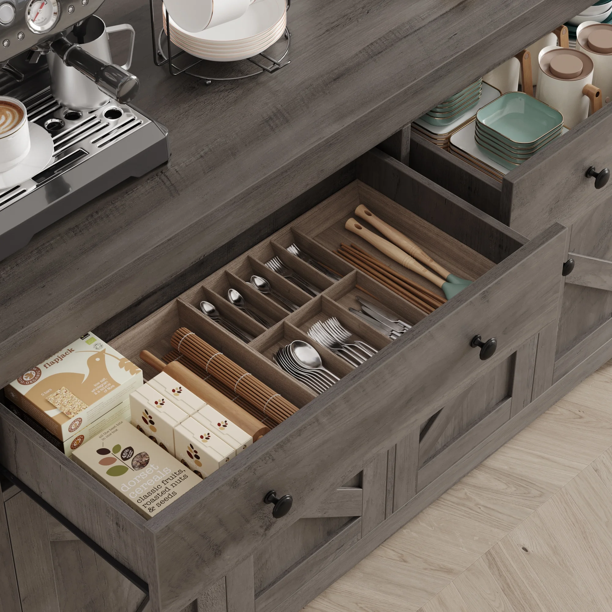 Homfa Farmhouse Kitchen Sideboard, 4-Doors 2-Drawers Wood Buffet Cabinet with Adjustable Shelves, Gray