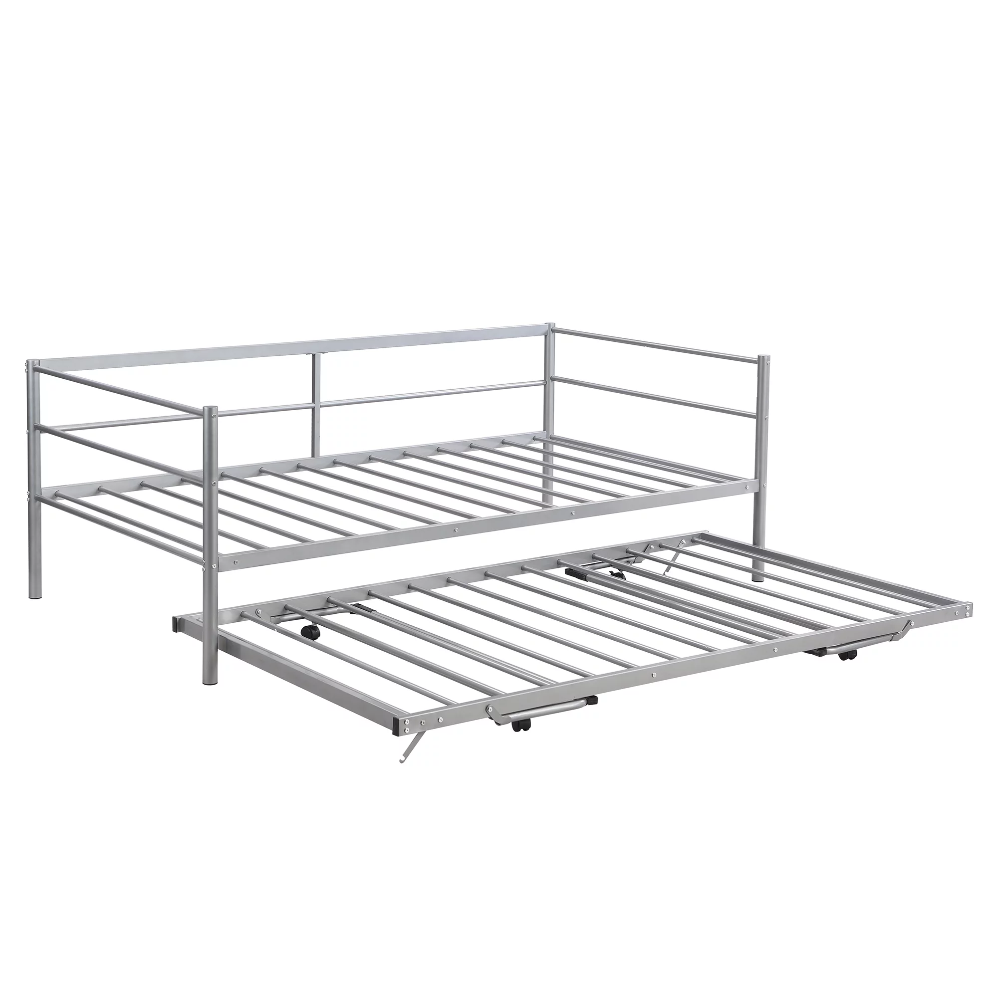 Euroco Metal Twin Size Platform Bed, Convertible Daybed with Trundle Bed, Pop Up Trundle for Guests and Extra Storage, Silver