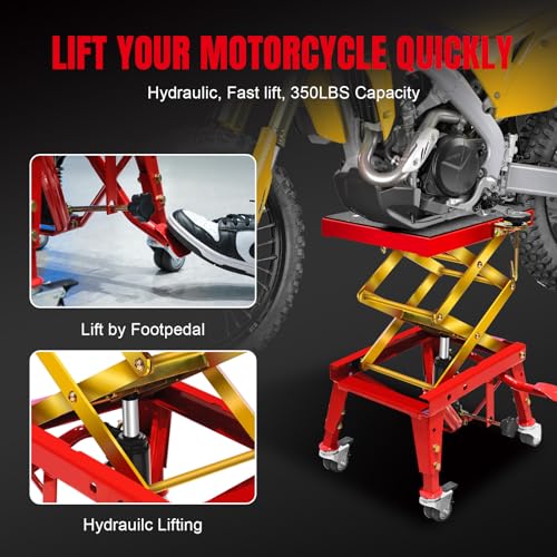 350 Lbs Motorcycle Lift Jack Table, Hydraulic Foot-Operated Scissor Lift Jack for ATV Dirt Bike, Motorcycle Stand with 4 Wheels