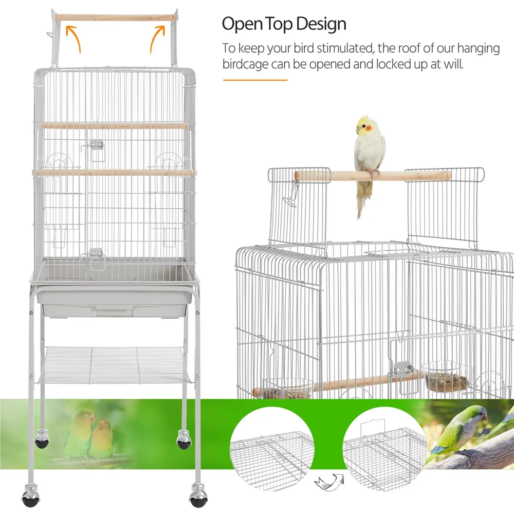 Alden Design 53.5" Metal Rolling Bird Cage with Play Top Stand, Light Gray - Curated Treasures Market