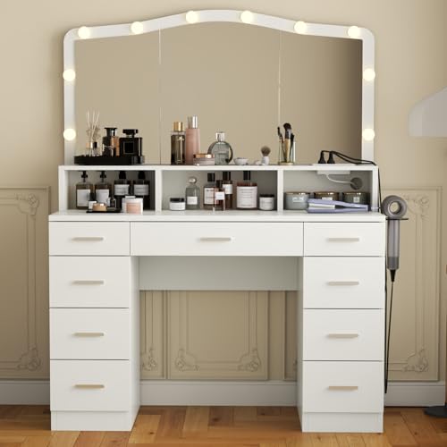 Makeup Vanity Desk with Large Mirror & LED Lights, 9 Drawers White Vanity Table with Power Outlets, Dressing Table with 3 Cubby for Bedroom, Modern Makeup Vanity for Women, Girls (White)