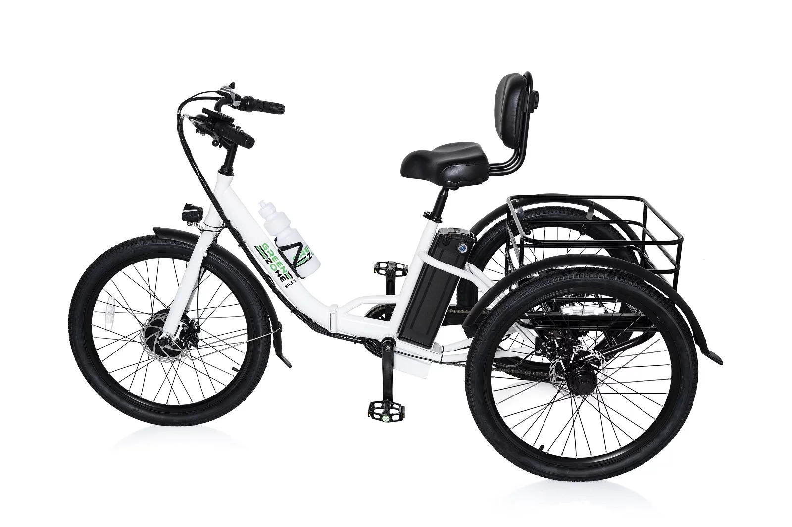 24" Electric Folding Tricycle for Adults & Seniors, 7-Speed, 3 Wheels Trike, 350W Motor, Black & White - Green Zone Bikes