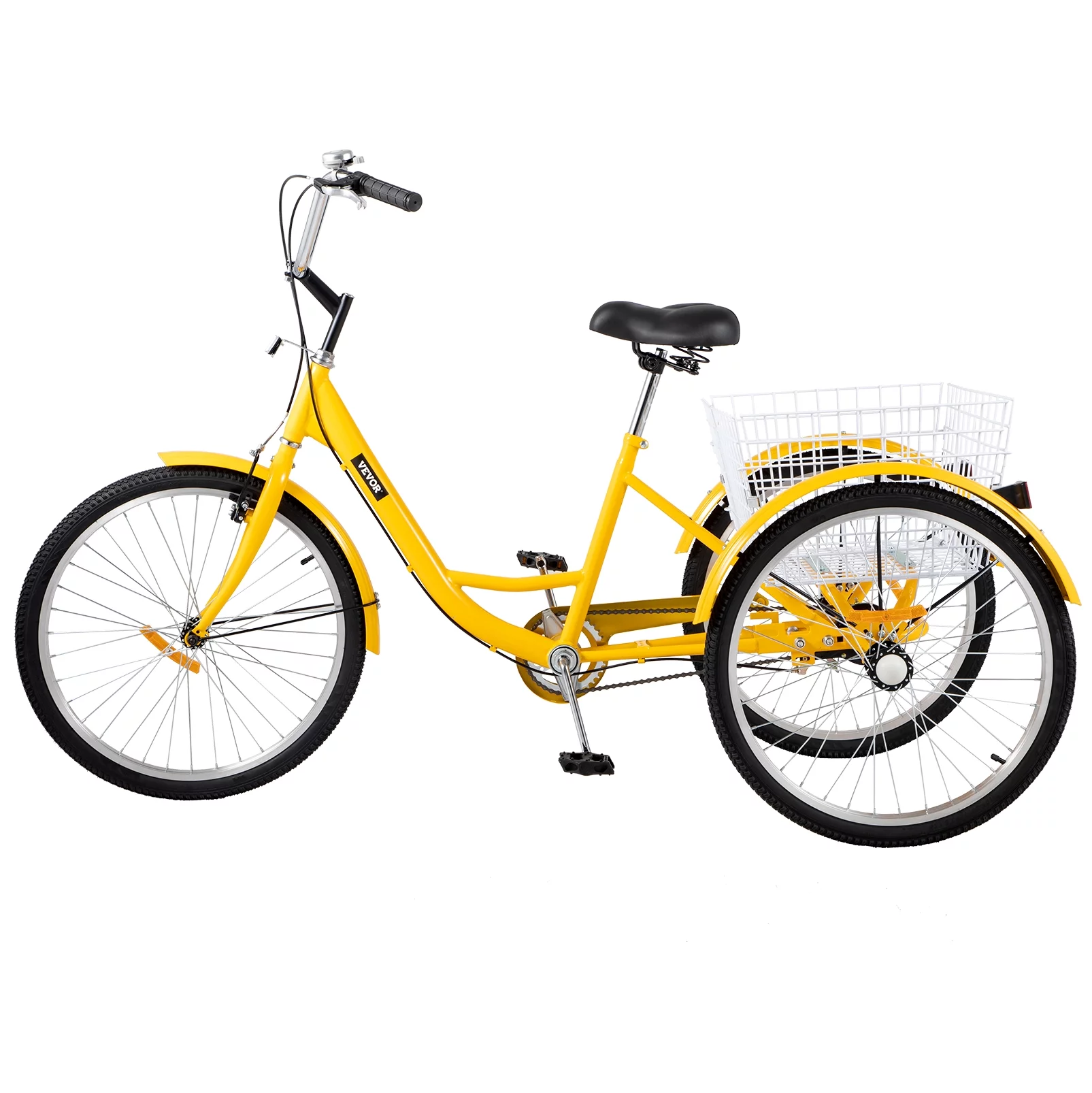 VEVOR Adult Tricycle 24 inch, 1-Speed Three Wheel Bicycles for Adult with Bell Brake System & Cargo Basket , Yellow