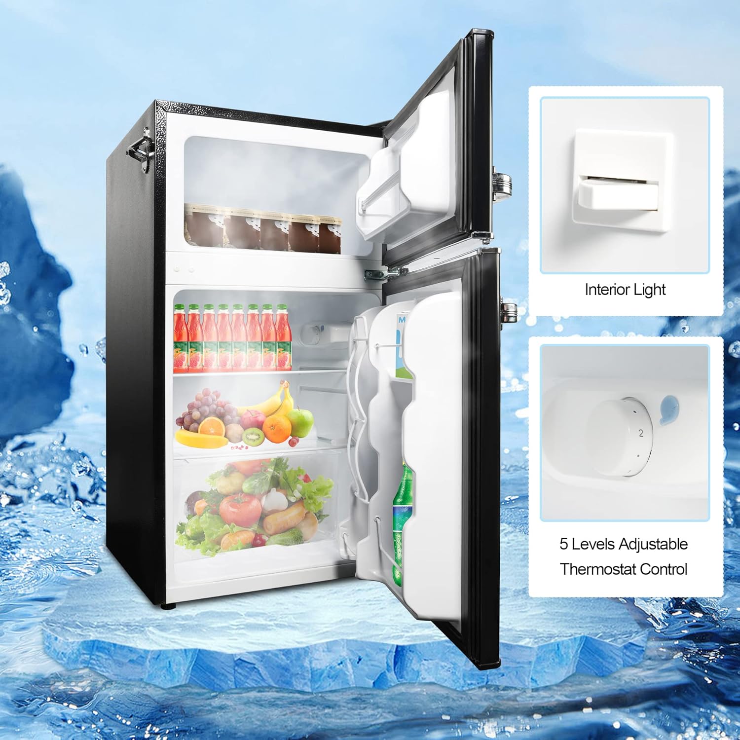 3.2 Cu.Ft Small Refrigerator with Freezer, 2 Door Black Mini Fridge, Energy Saving, Adjustable Thermostat Control, Adjustable Legs, Perfect for Apartment/Office/Dorm/Garage