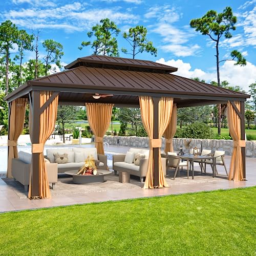 YOLENY 10' x 12' Hardtop Gazebo, Wood-Looking Gazebo with Galvanized Steel Double Roof, Aluminum Frame, Permanent Metal Pavilion with Netting and Curtains for Deck, Backyard, Patio and Lawns