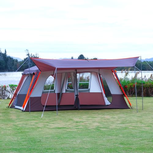 KTT Extra Large Tent 10-12-14 Person(Style-B),Family Cabin Tents,2 Rooms,3 Doors and 3 Windows with Mesh,Straight Wall,Waterproof,Double Layer,Big Tent for Outdoor,Picnic,Camping,Family Gathering