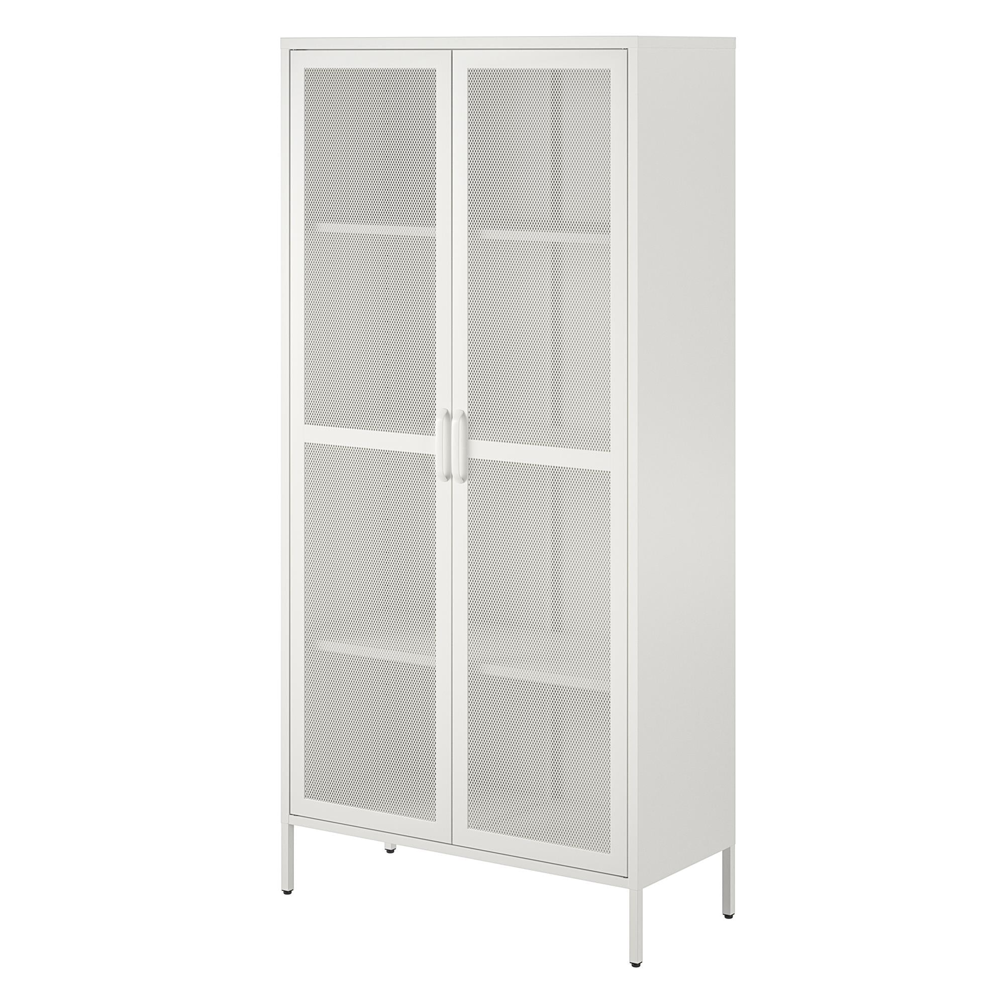 RealRooms Shadwick 2 Door Tall Metal Locker Style Storage Cabinet-Mesh Metal Doors, Soft White