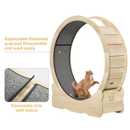 DWVO Cat Wheel Exerciser for Indoor Cats, 43.3 Inch Solid Wood Cat Exercise Running Wheel with Carpeted Runway, Low Noise Cat Treadmill Wheel with Locking Mechanism, Ideal Gifts for Cat, Burlywood