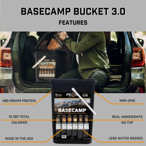 Peak Refuel Basecamp Bucket 3.0 | 480g Protein | 10180 Calories | 100% Real Meat | Premium Freeze Dried Backpacking & Camping Food | 24 Servings | Ideal MRE Survival Meal (3 Pack Bucket)