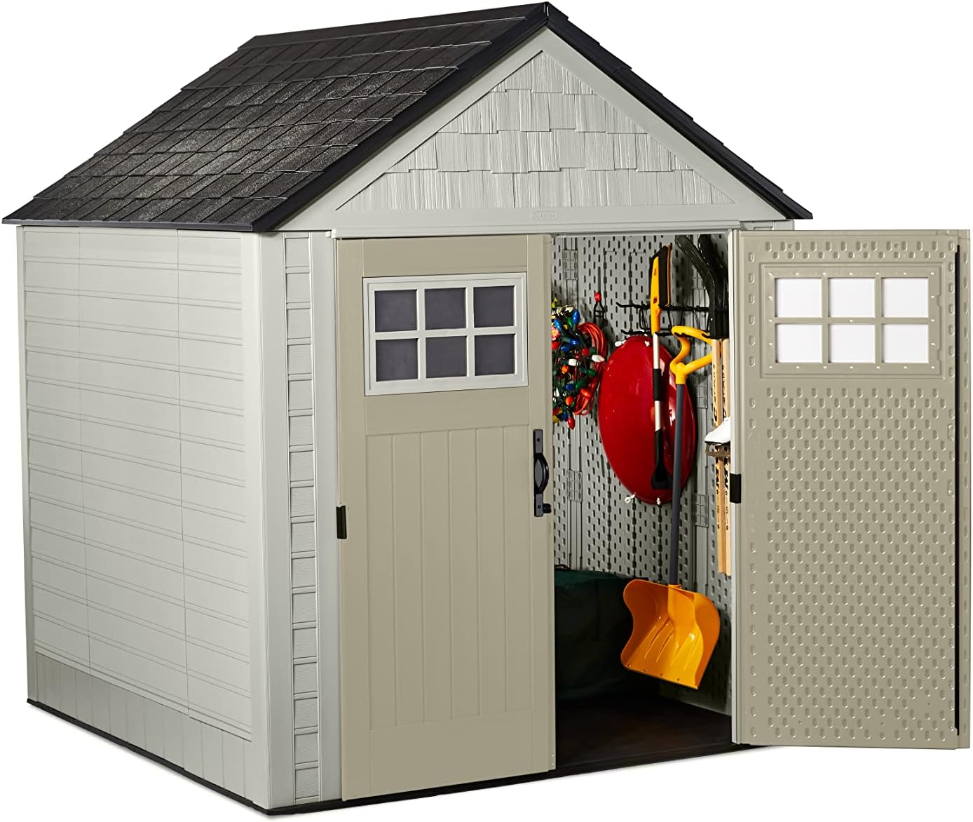 Rubbermaid Resin Outdoor Storage Shed With Floor (7 x 7 Ft), Weather Resistant, Beige/Brown, Organization for Home/Backyard/Garden Tools/Lawn Mower/Bike Storage/Pool Supplies