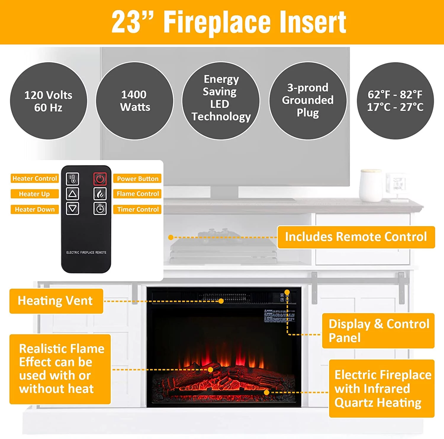 LGHM Fireplace TV Stand, Entertainment Center for 65 inch TV with 23" Electric Fireplace for Living Room, Dark Oak
