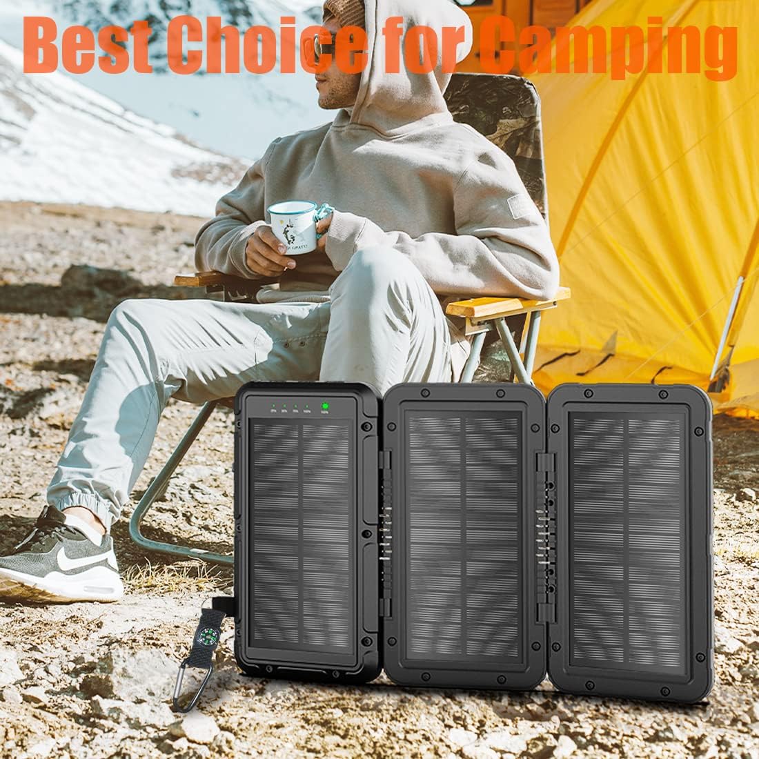 Solar Charger-Power Bank-Portable Charger,Xsaberal 5 in 1 Solar Charger Power Bank 10000mAh with 3 Foldable Solar Panels Outdoor,Wireless Portable Charger Camping Light 3 Outputs