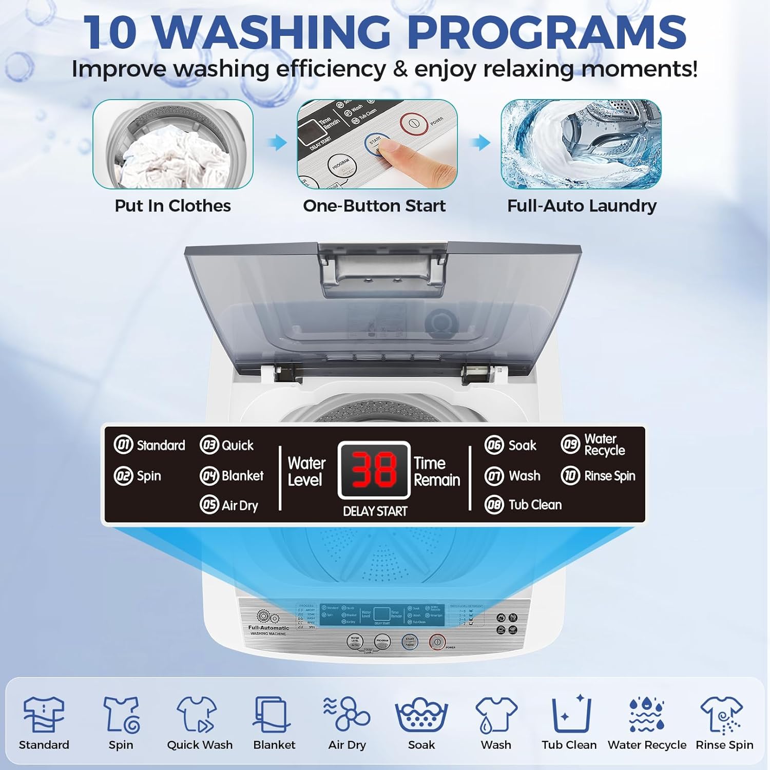 Nictemaw Portable Washing Machine, 13.5Lbs Capacity Full-Automatic Portable Washer, 1.8Cu.ft Washer and Dryer Combo with Drain Pump, LED Display, 10 Programs & 8 Water Levels for Apartment Dorm RV