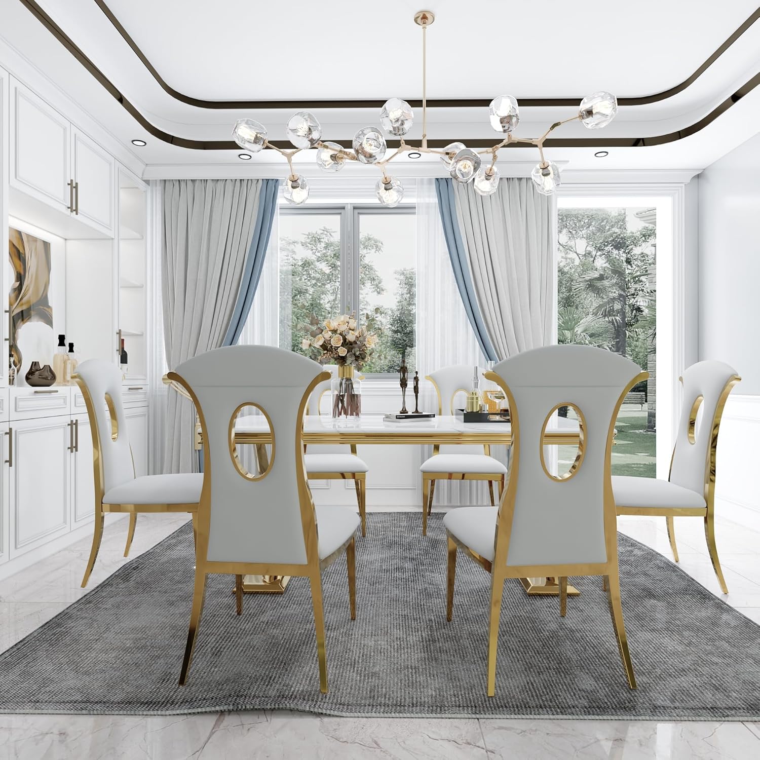 White and Gold Dining Table, 72" Dining Room Table with Polished Gold Double X-Base, Luxury Kitchen Table for 4-8