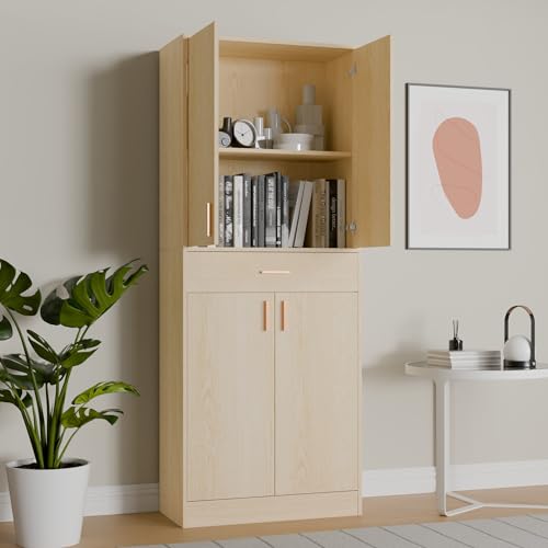 Cozy Castle Kitchen Pantry Storage Cabinet 71" Tall 4 Doors Wood Freestanding Cupboard with Sliding Drawer and 2 Adjustable Shelves for Dining Room Living Room, Laundry, Bathroom, Oak