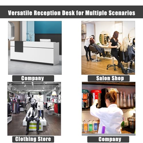 Modern Reception Desk Counter, U-Shaped Front Desk Reception Counter with Adjustable Storage Cube Lockable Drawer,Wooden Reception Table for Office Lobby (Black+White, 160cm(63 * 23.6 * 41.3in))