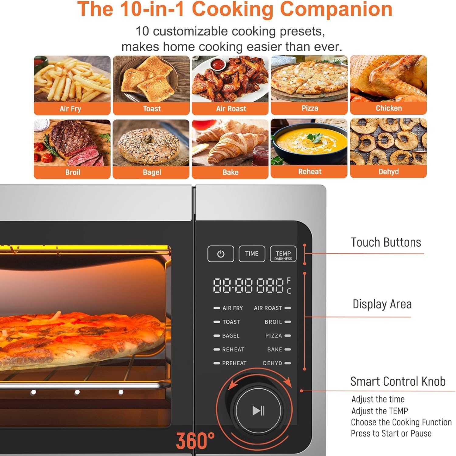 Air Fryer Toaster Oven Combo, Fabuletta 10-in-1 Countertop Convection Oven, Oil-Less Air Fryer Oven Fit 13" Pizza, 9 Slices Toast, 5 Accessories, 1800W, Dehydrate, Reheat, Bake