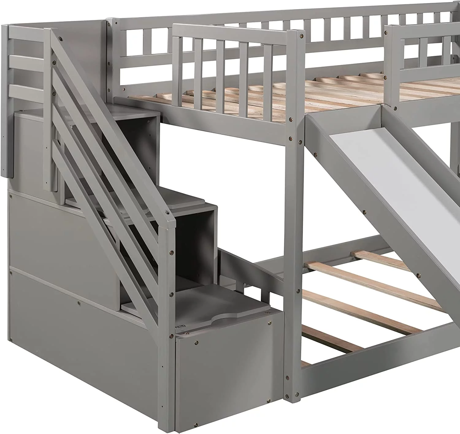 Kids Bunk Bed Over , Wooden Bunk Bed With Slide And Guardrail, Floor Bunk Bed With Stairway/Two Drawers/Handrail, Space-Saving Bedroom Dormitory Furniture (Gray)