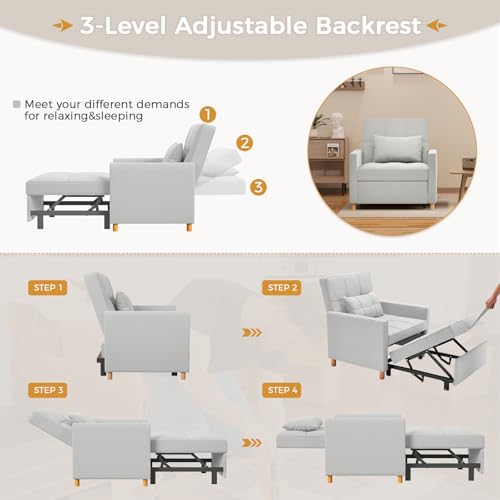Esright Sleeper Chair, 3-in-1 Convertible Sofa Bed Adjustable Backrest with Throw Pillow, Pull Out Sofa Bed Couch for Small Space, Apartment, RV, Light Grey