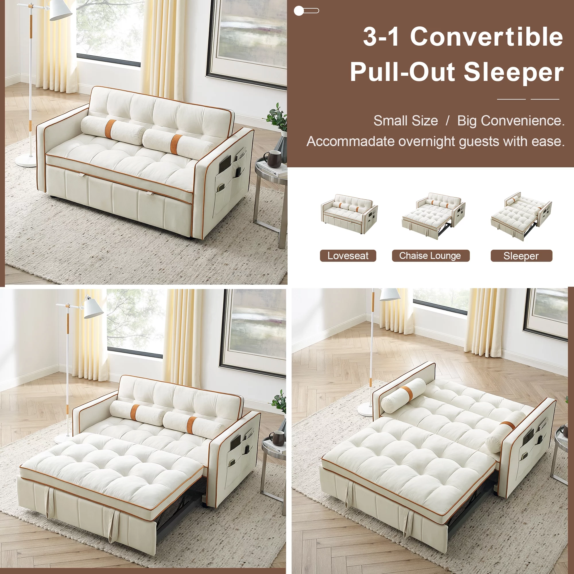 KINFFICT Futon Sofa Bed, Convertible Sleeper Sofa Bed with Pull Out Couch, Modern Velvet Loveseat Sleeper, Small Couch for Living Room, Beige