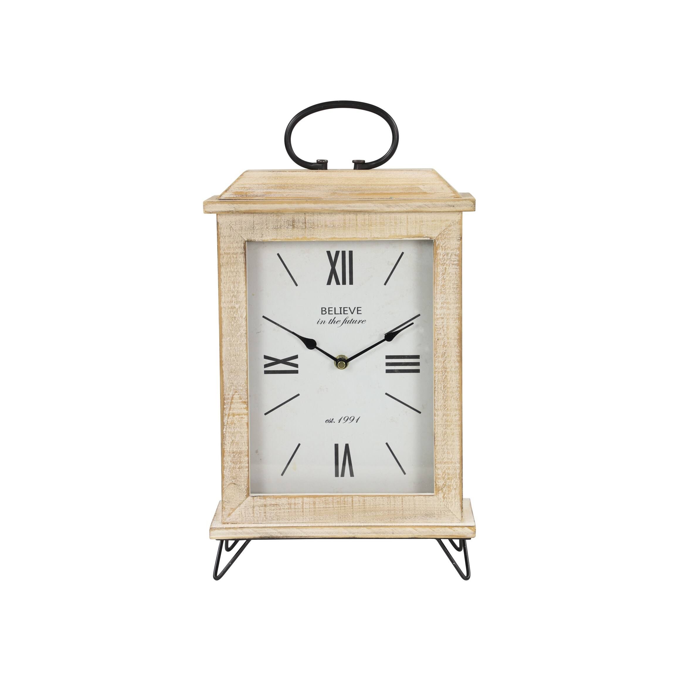Rectangular Beige Farmhouse Style Wooden Table Clock w/ Whitewash Finish