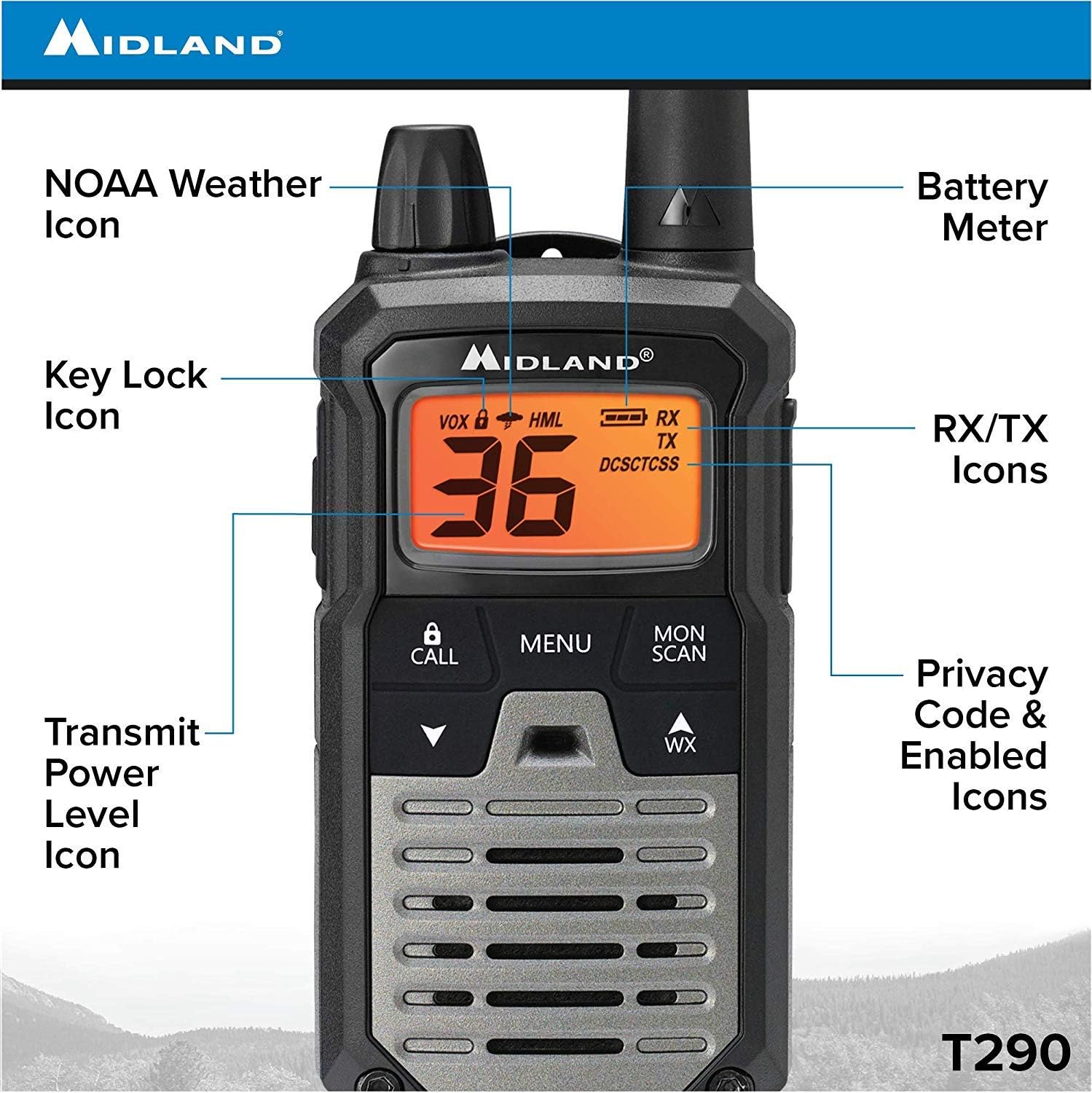 Midland T290X4VP4 X-TALKER GMRS Long Range Walkie Talkie - Two Way Radio with NOAA Weather Scan + Alert, and 121 Privacy Codes (Black/Silver, 4 Radios)