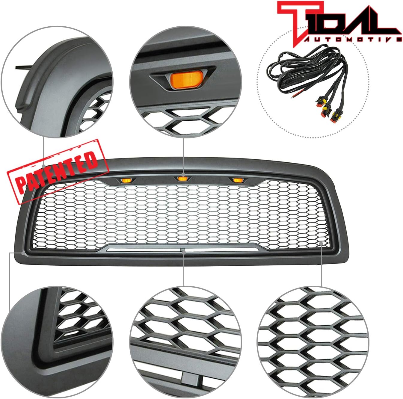 Tidal ABS Upper Grille Front LED Grille - Charcoal Gray - With Amber LED Lights Replacement Grille Fit for 09-12 Ram 1500