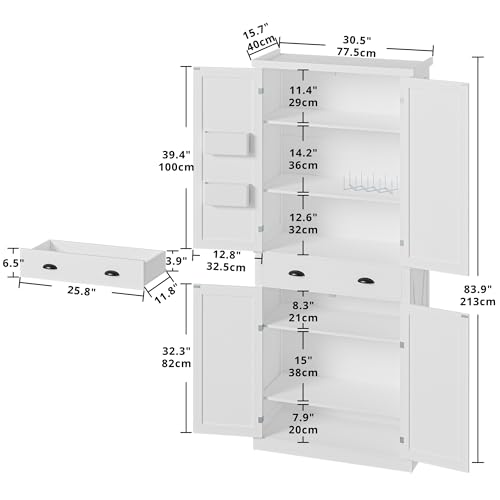 IRONCK Kitchen Pantry Storage Cabinet 72.6" H, with Barn Doors, Drawer, 4 Adjustable Shelves, Freestanding Cupboard for Dining Room Living Room, Laundry, White