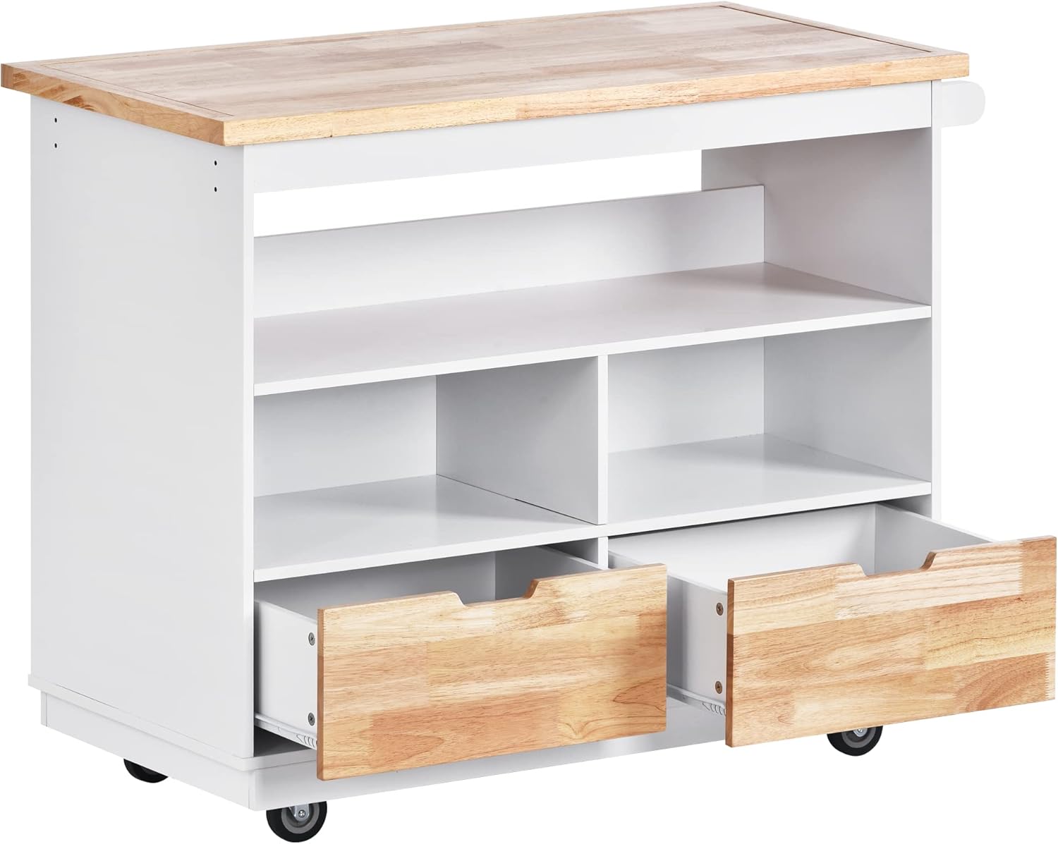 Rolling Kitchen Island with Storage, Two-Sided Kitchen Island Cart on Wheels with RubberWood Top,Wine and Spice Rack, Large Kitchen Cart with 2 Drawers, 3 Open Compartments, White
