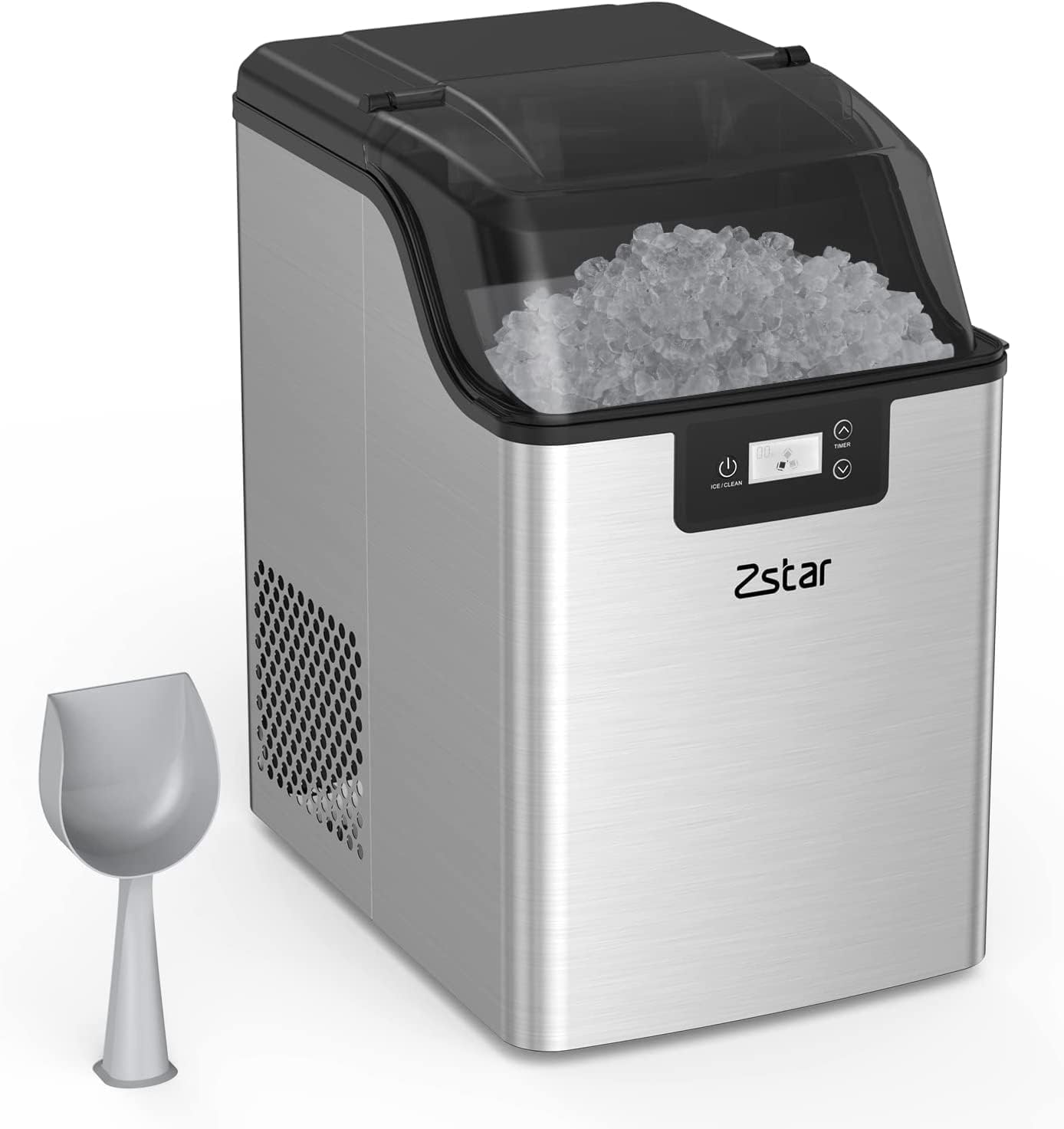 Nugget Ice Maker, Stainless Steel Countertop Ice Machine with 44Lbs/24H Output, Crunchy Sonic Ice Maker Machine, Self-Cleaning Portable Ice Maker with Freestanding Ice Scoop for Home,Office,Bar