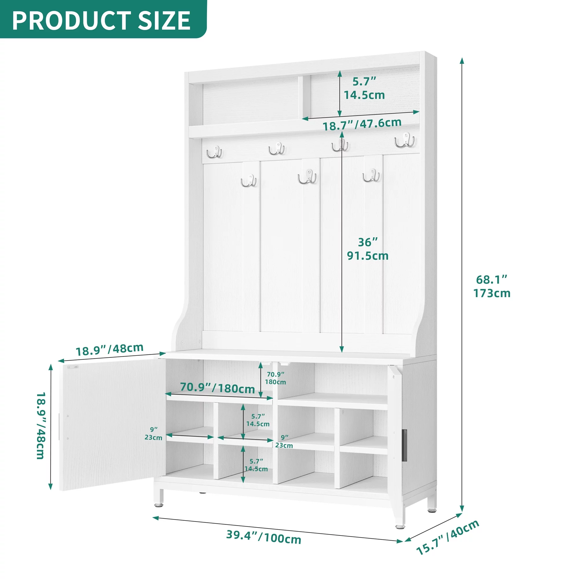 Dextrus Farmhouse Coat Rack with 14 Hooks, 4-in-1 Hall Tree with Storage Bench, Coat Hanger, Shoe Cabinet for Hallway, Living Room, White