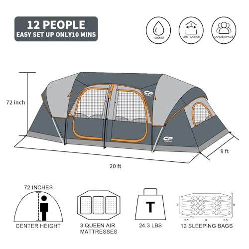 CAMPROS CP Tent 12-Person-Camping-Tents,3 Room Family Tents,Waterproof Windproof Family Tent with Top Rainfly,6 Large Mesh Windows,Double Layer,Easy Set Up, Portable with Carry Bag-20' x 9' x 72"(H)