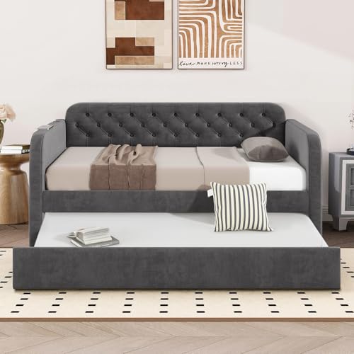 Antetek Twin Daybed with Trundle, Upholstered Velvet Daybed w/Pull Out Trundle Bed, USB Ports, Button Tufted Day Bed Frame for Living Room, Apartment, No Box Spring Needed, Beige